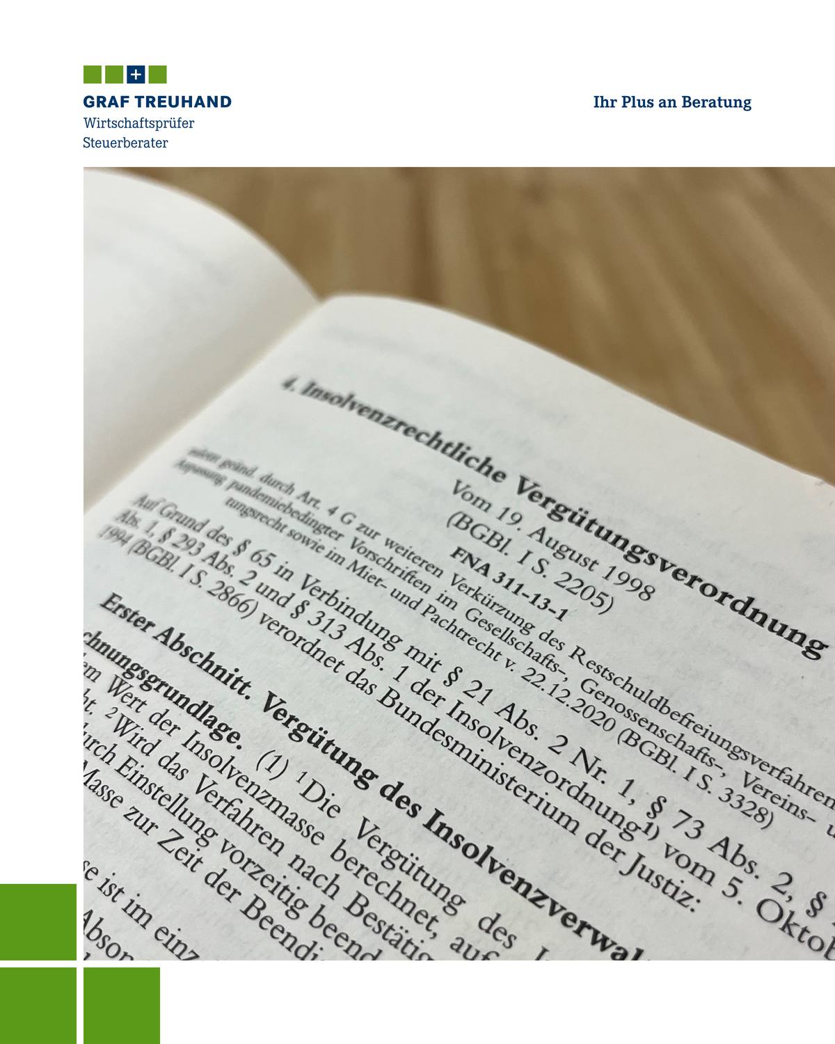 Blick auf eine aufgeschlagene Buchseite der Insolvenzrechtlichen Vergütungsverordnung (InsVV)